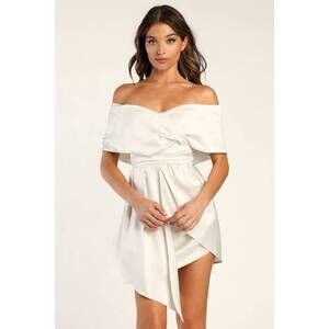 Lulus Always Celebrating Ivory Satin Off-the-shoulder Mini Dress White - Size L